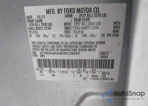 2013 Ford Edge Sport z USA, uszkodzony, nr VIN 2FMDK4AK8DBC29559